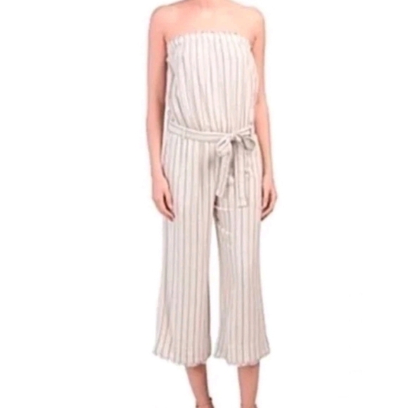 cloth & stone Pants - Cloth & Stone Anthropolgie Linen Blend Striped Jumpsuit in Cream and Blue Sz S